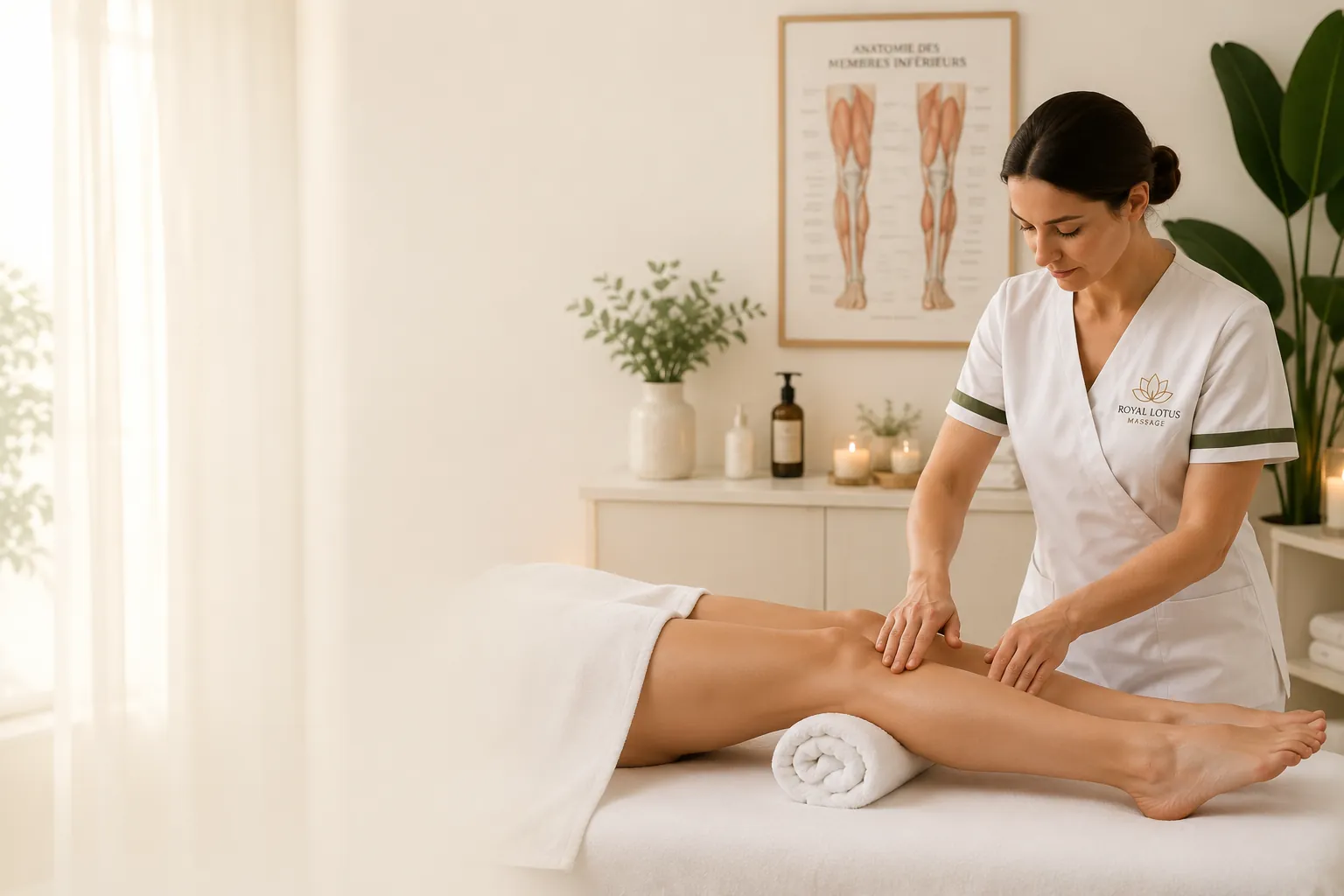 Praticienne RoyalLotus en tenue blanche massant les jambes d'une cliente sur la table de massage, dans une pièce claire