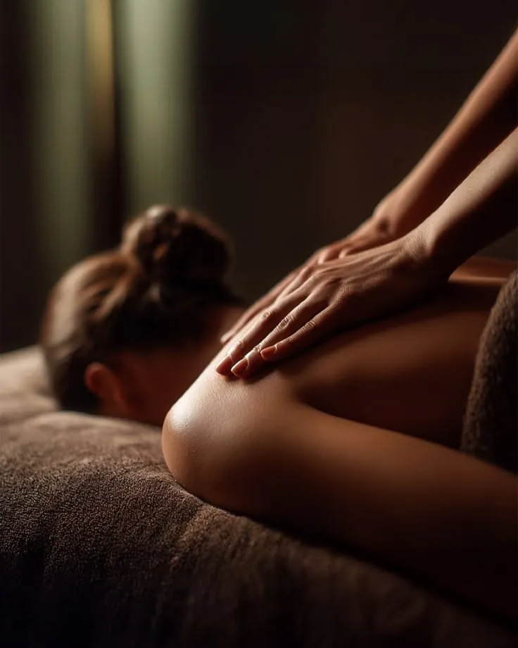 Mains de la praticienne RoyalLotus effectuant un massage thérapeutique profond du dos, à domicile à Casablanca