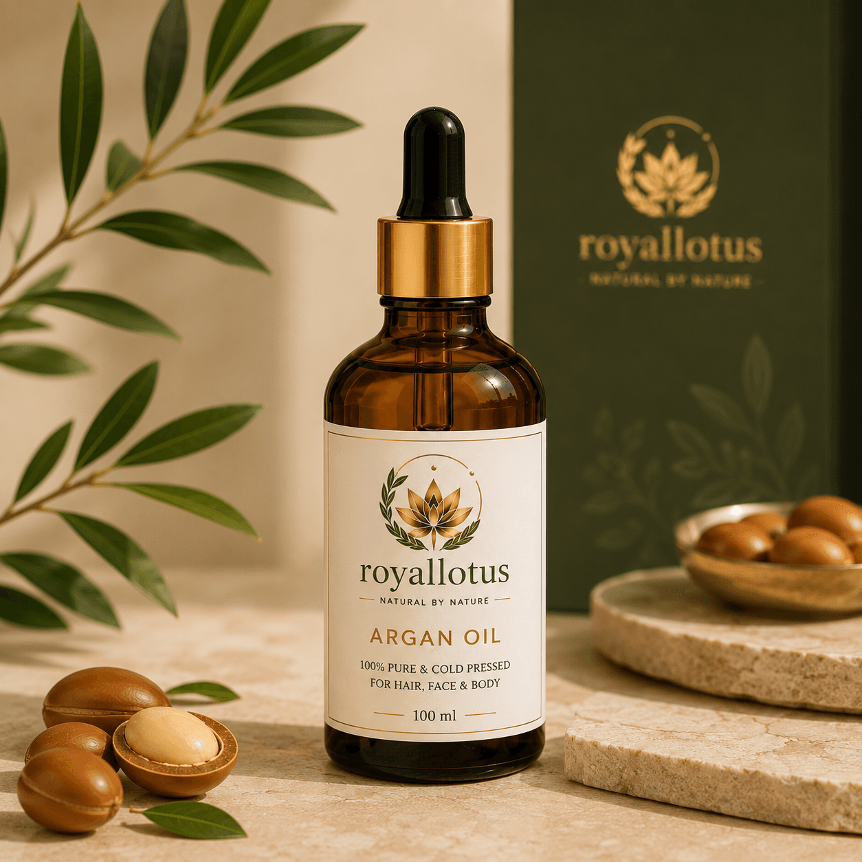 Flacon d'huile d'argan pure RoyalLotus 100 ml et son coffret